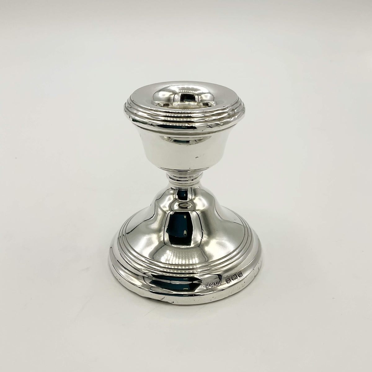 Vintage 1931 Short Sterling Silver Candle Holder by Beeches Vintage, featuring a classic candlestick design and polished silver finish.