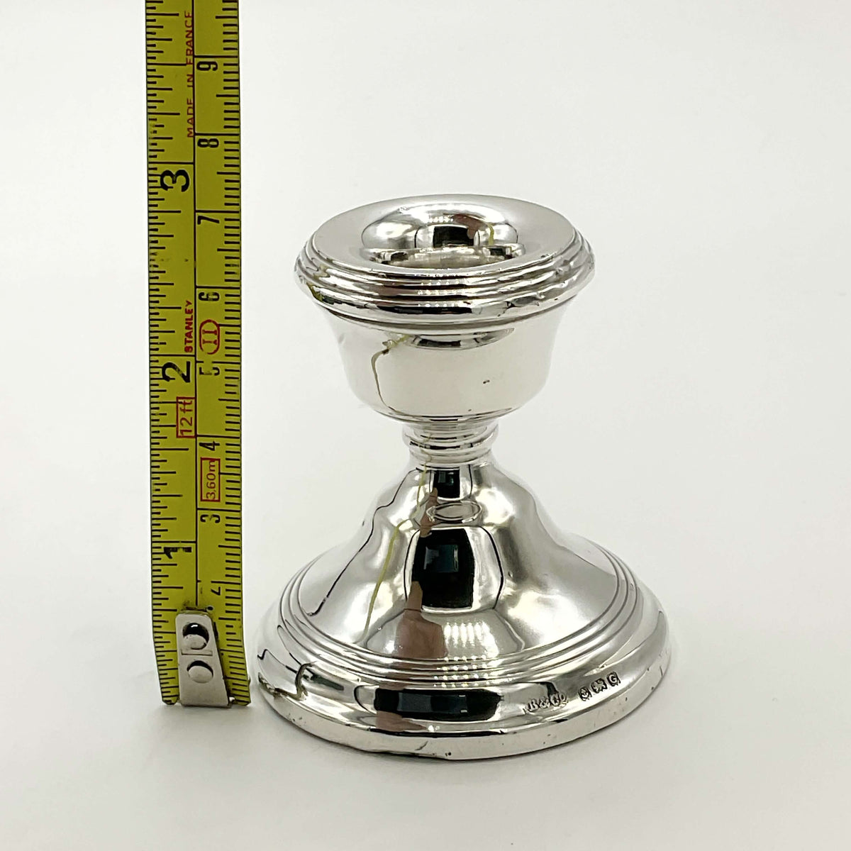 Vintage 1931 Short Sterling Silver Candle Holder by Beeches Vintage, showcasing a classic candlestick design with detailed craftsmanship.