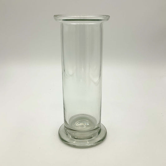 Clear glass vase with vintage cylinder design by Beeches Vintage, showcasing its elegant, transparent glass construction.