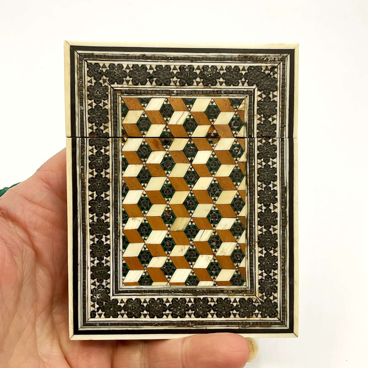 Antique Sadeli Mosaic Wood Card Case, 1800s Sandalwood - Beeches Vintage