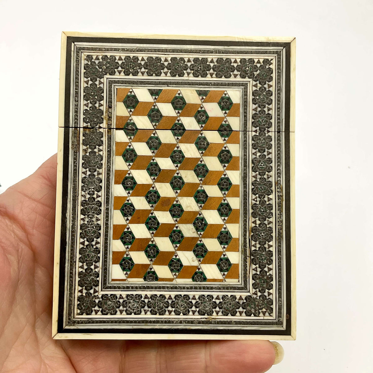Antique Sadeli Mosaic Wood Card Case, 1800s Sandalwood - Beeches Vintage