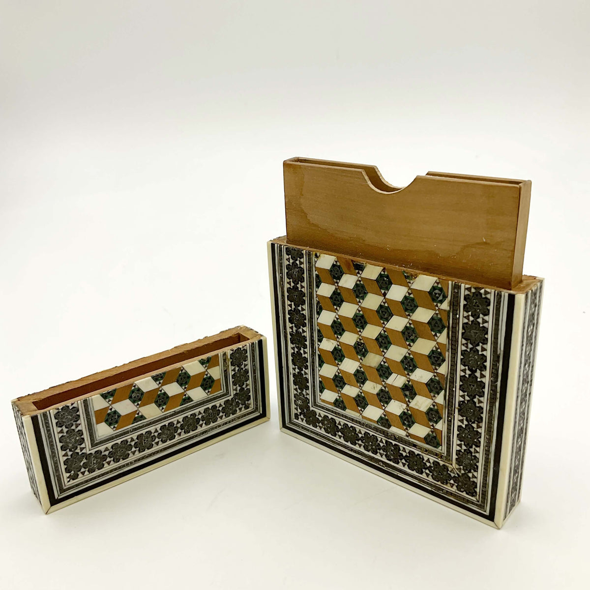 Antique Sadeli Mosaic Wood Card Case, 1800s Sandalwood - Beeches Vintage