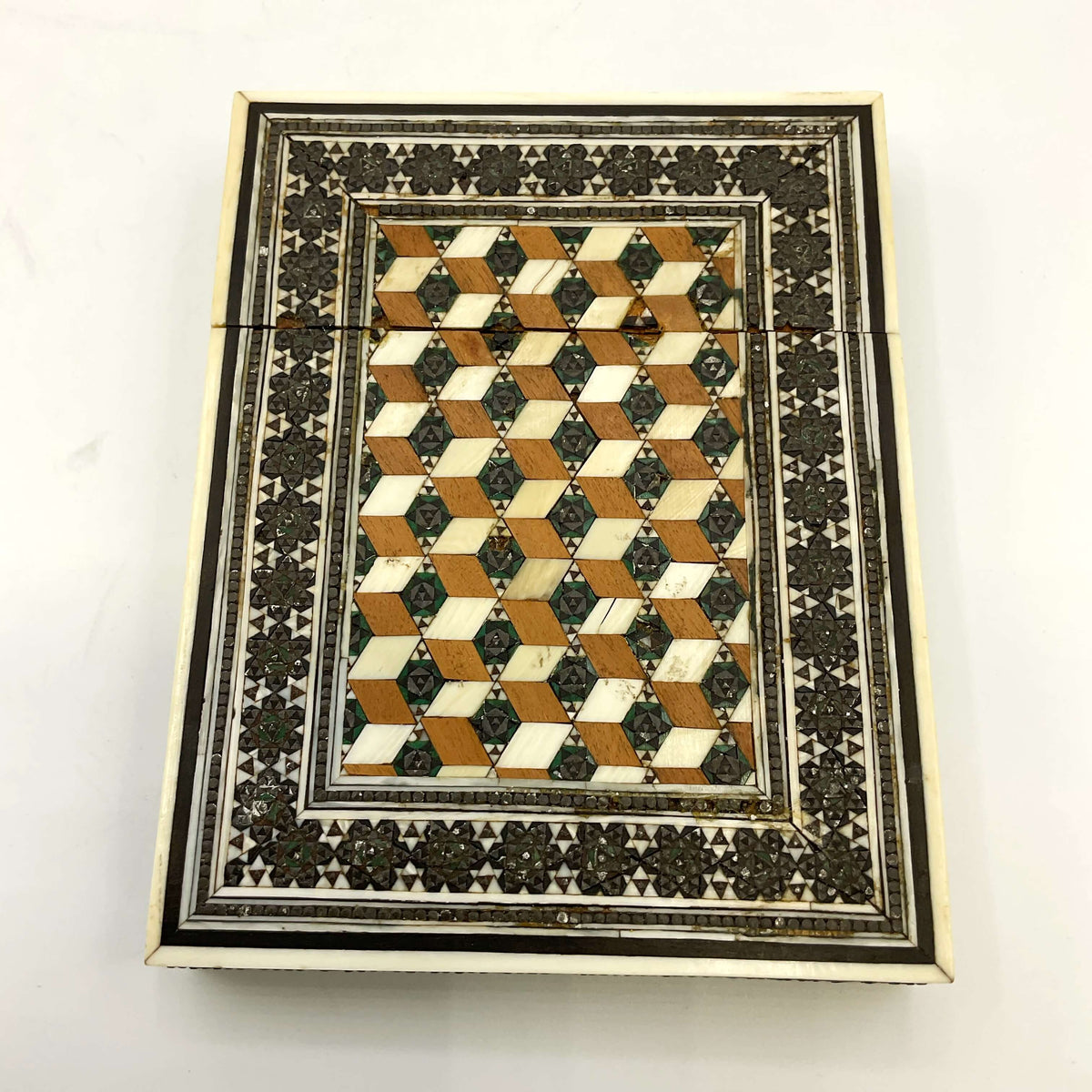 Antique Sadeli Mosaic Wood Card Case, 1800s Sandalwood - Beeches Vintage