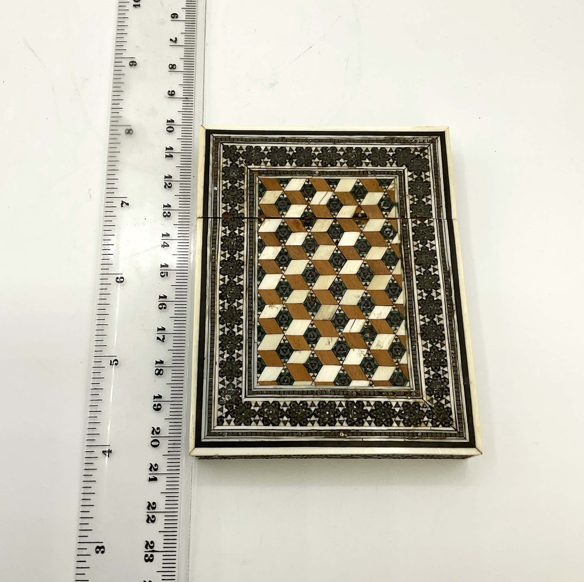Antique Sadeli Mosaic Wood Card Case, 1800s Sandalwood - Beeches Vintage