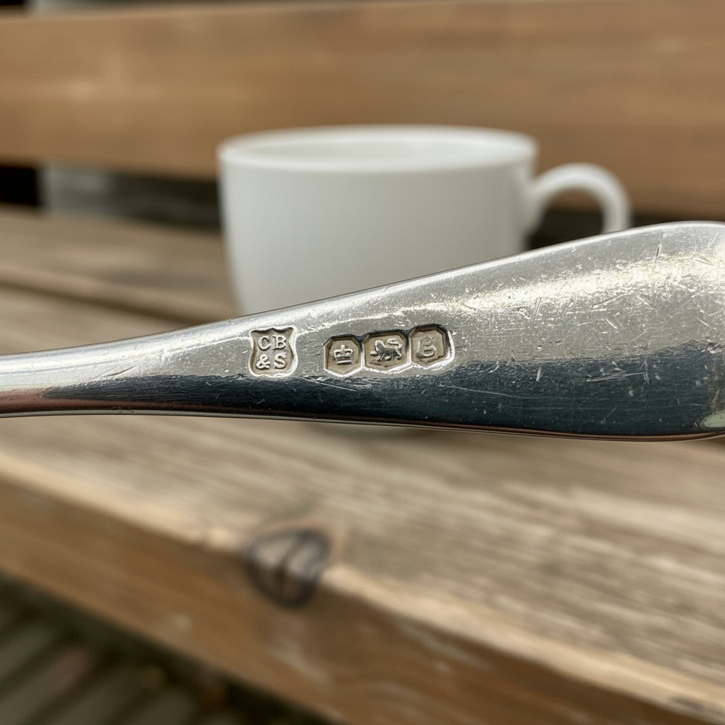 Back of Silver coffee spoon showing the hallmarks on a white background 