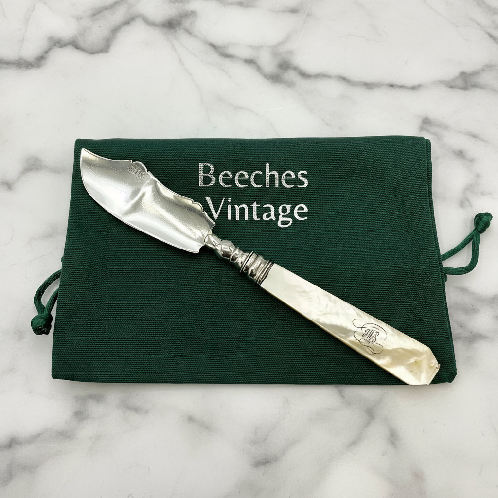 Antique silver and mother of pearl butter knife on a green gift bag and marble background 