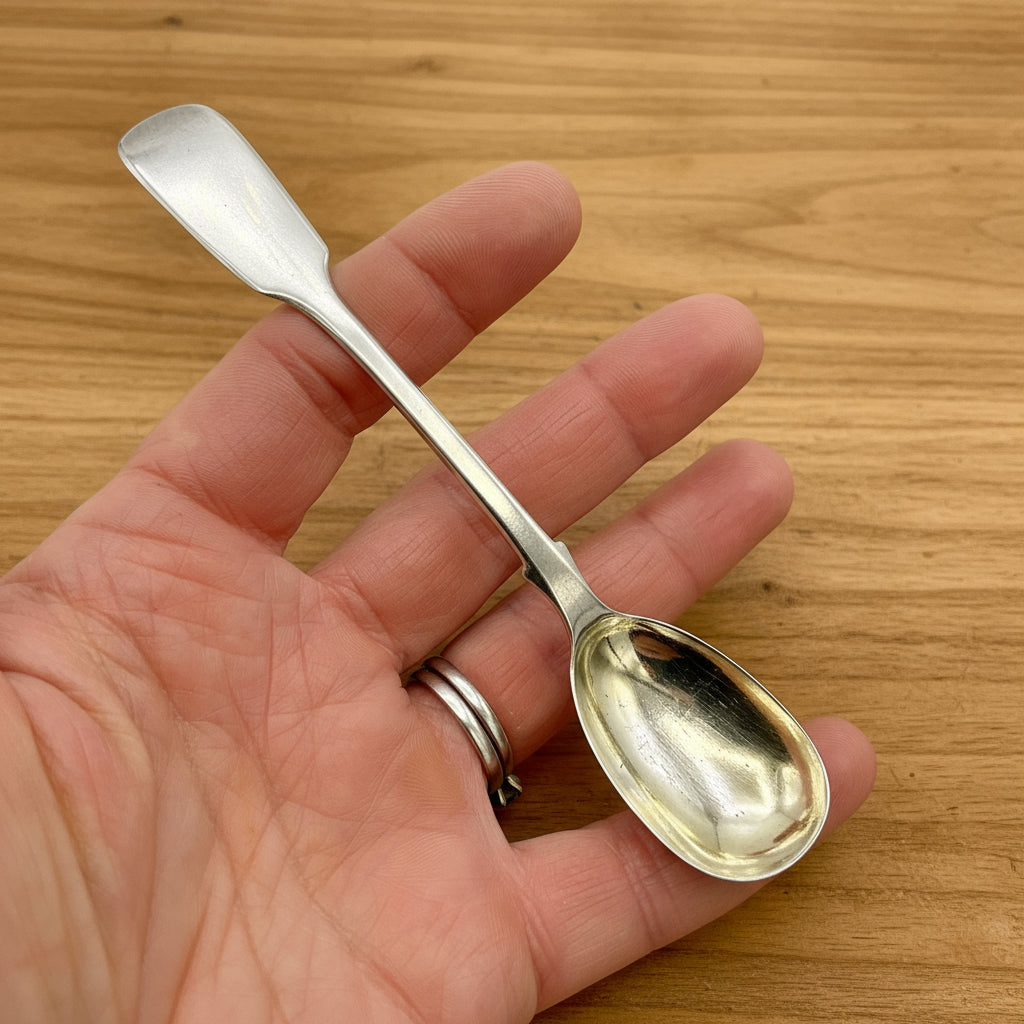 Antique silver salt spoon held in a hand with a wood background 