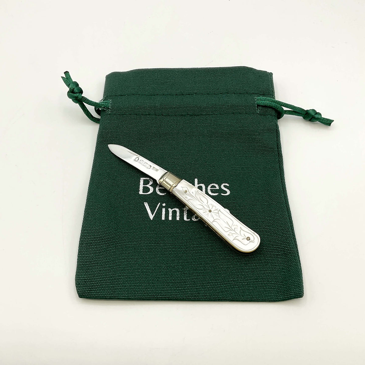 Silver fruit knife on a green gift bag and white background 