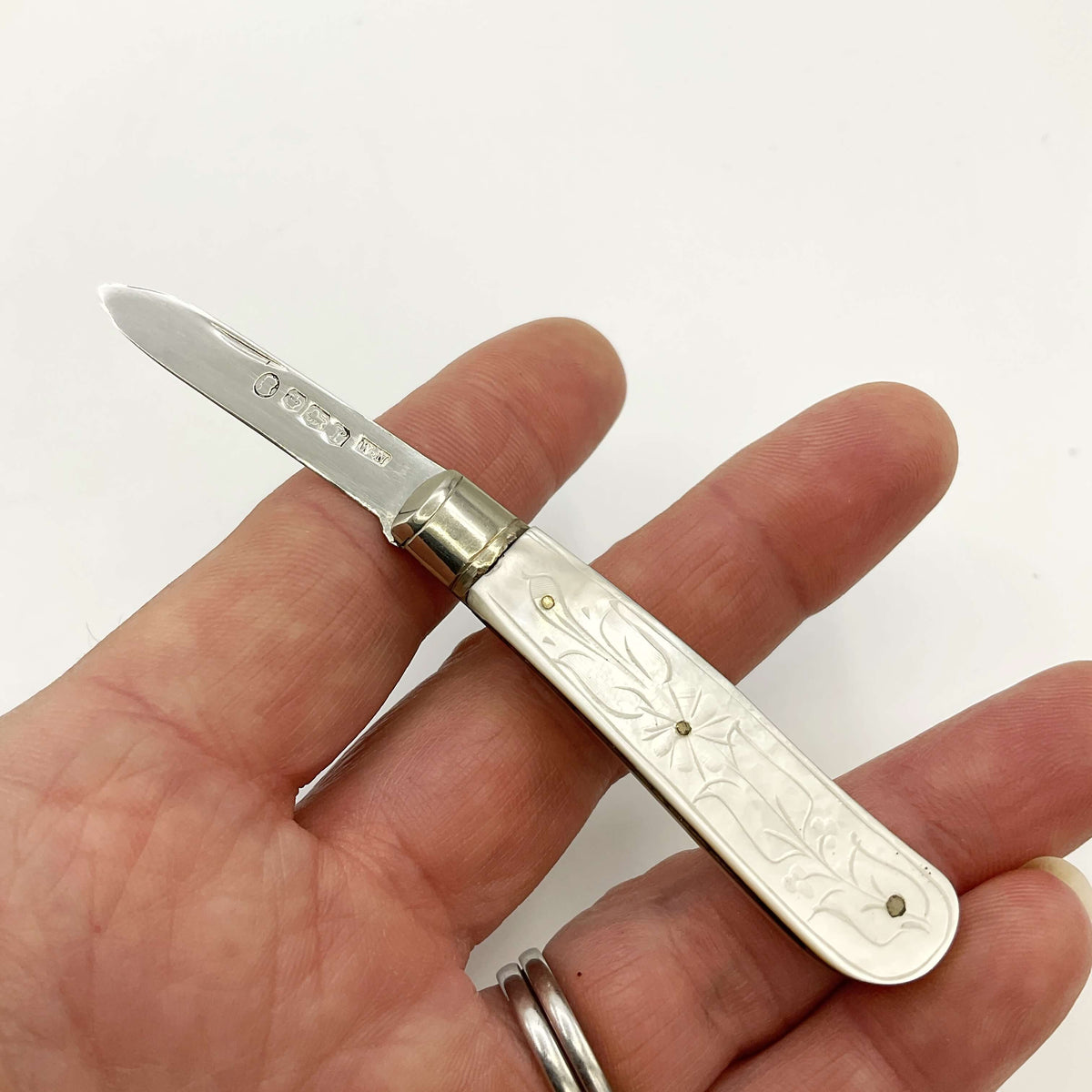 Silver fruit knife held in a hand with a white background 