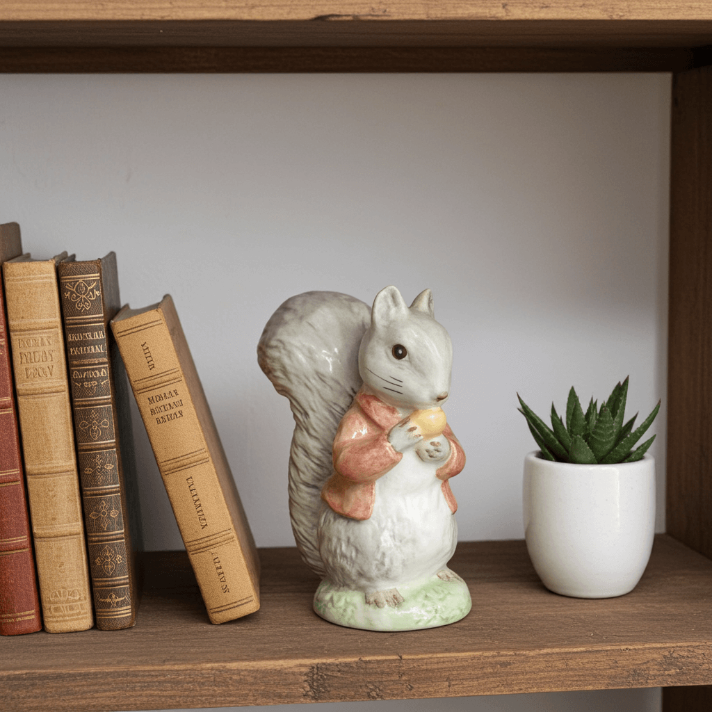 Squirrel figurine holding a nut on a wooden shelf with books and a plant.