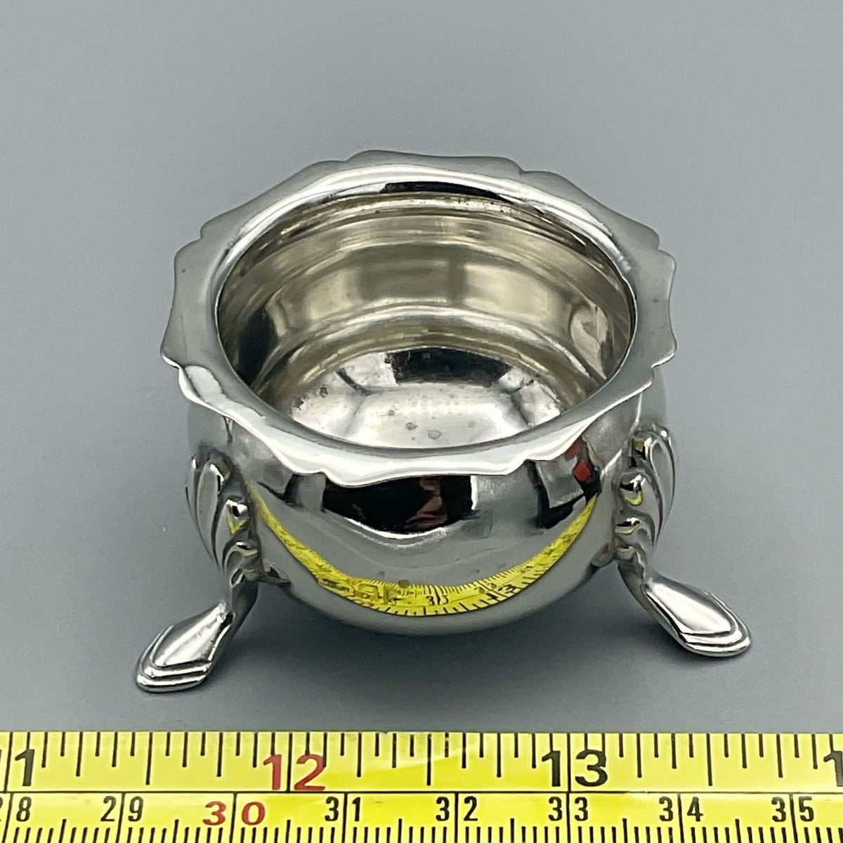 Antique 1908 Sterling Silver Salt Bowl and Rings Dish by Beeches Vintage, featuring intricate engraved patterns and a polished finish.