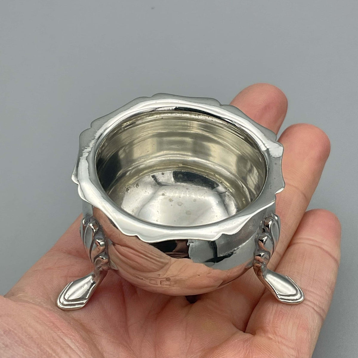 Antique 1908 Sterling Silver Salt Bowl and Rings Dish from Beeches Vintage, featuring intricate silver craftsmanship.