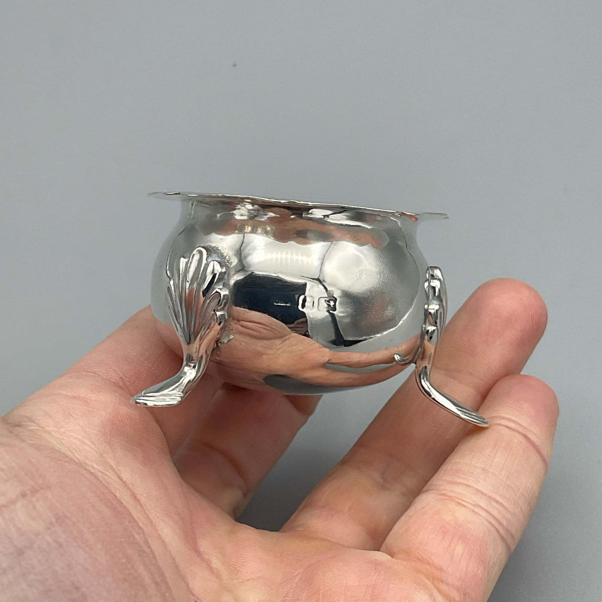 Antique 1908 Sterling Silver Salt Bowl and Rings Dish from Beeches Vintage, detailed silver bowl with engraved patterns.
