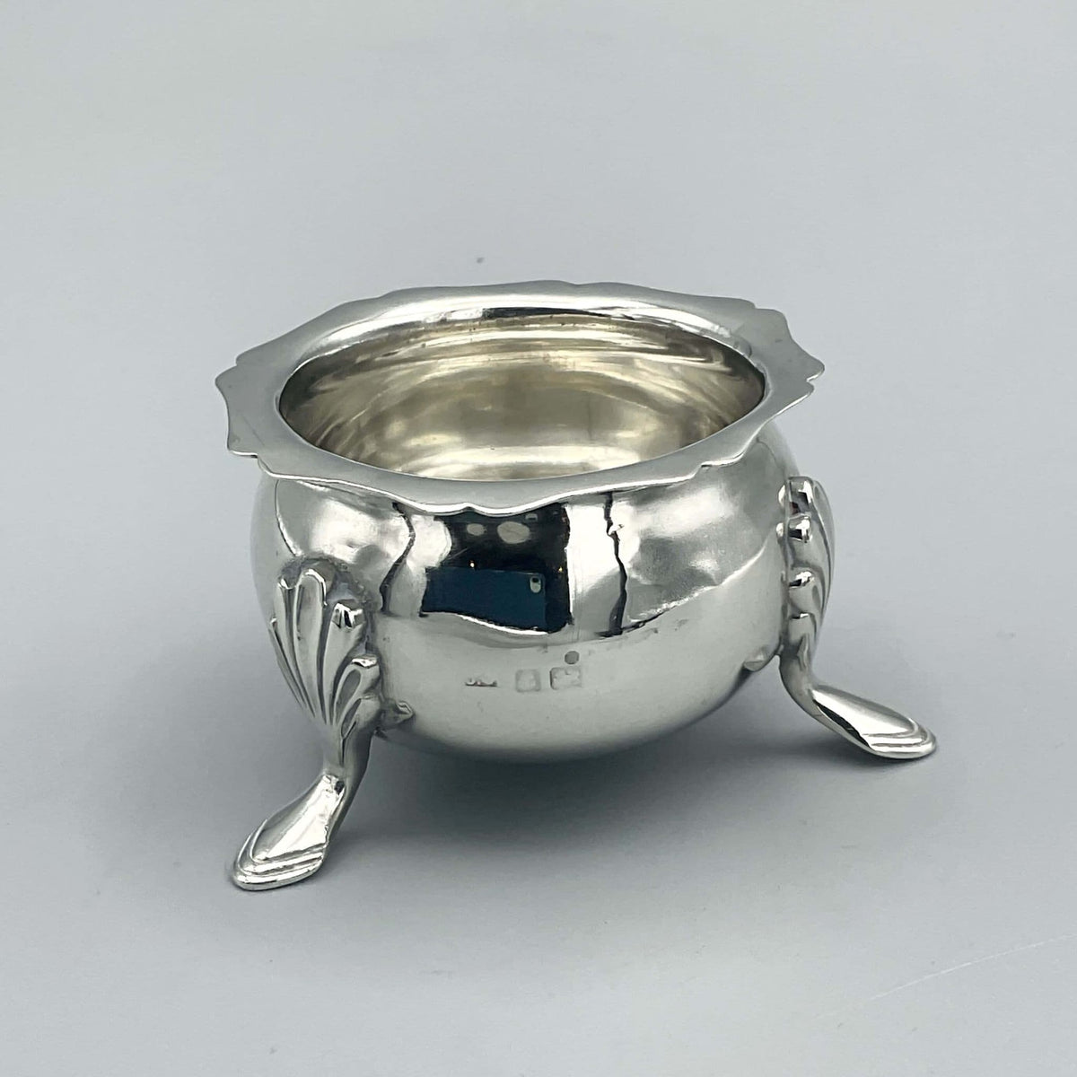 Antique 1908 Sterling Silver Salt Bowl and Rings Dish from Beeches Vintage, with intricate engraved design and polished finish.