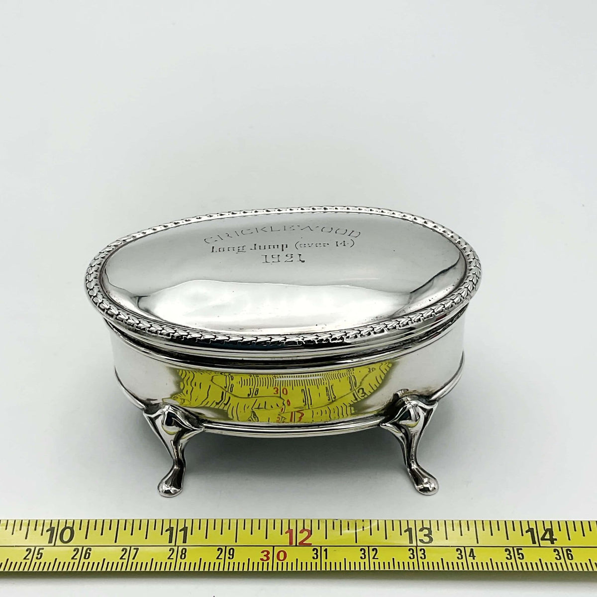 Antique 1919 sterling silver jewellery box with intricate detailing, crafted by Beeches Vintage, featuring a classic vintage design.