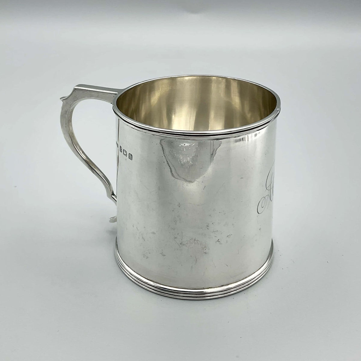 Antique Edwardian silver Christening Cup with hallmarks from 1907, ornate design, handcrafted by Beeches Vintage.