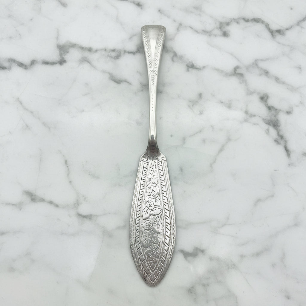 silver plated butter knife on  a marble surface