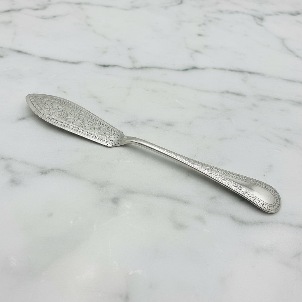 silver plated butter knife on a marble surface