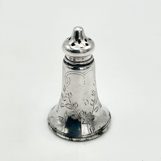 Antique 1912 Silver Pepper Pot, Beeches Vintage miniature salt or pepper shaker with ornate detailing and a vintage design.