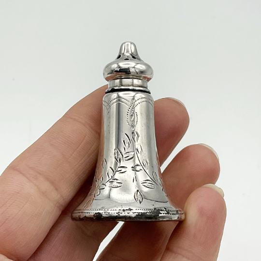Antique 1912 Silver Pepper Pot by Beeches Vintage, miniature salt or pepper shaker with detailed vintage design.