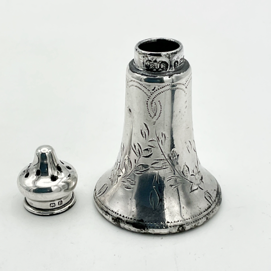 Antique 1912 Silver Pepper Pot, Beeches Vintage miniature salt or pepper shaker with ornate design and vintage charm