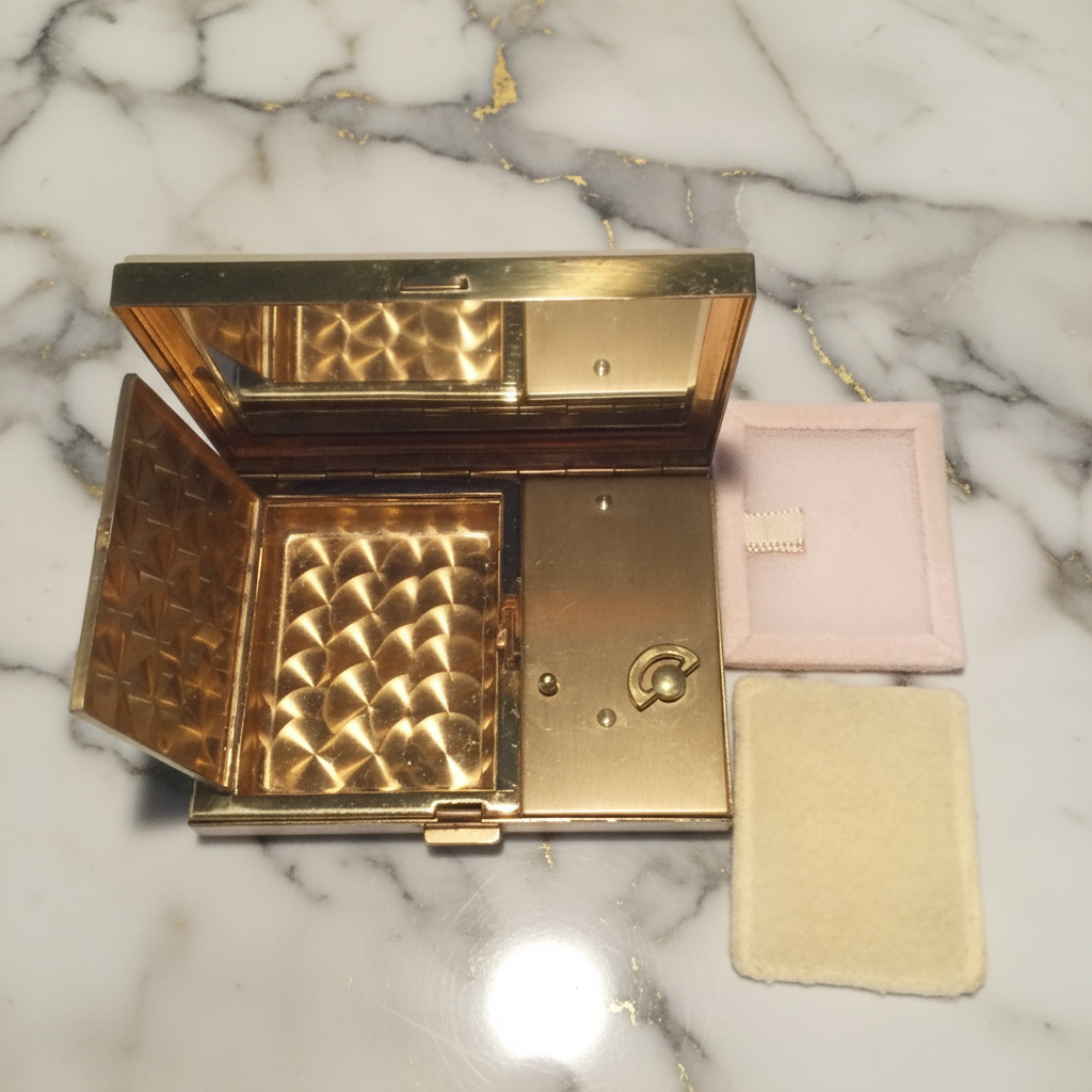 open gold compact with applicator and screen on marble surface