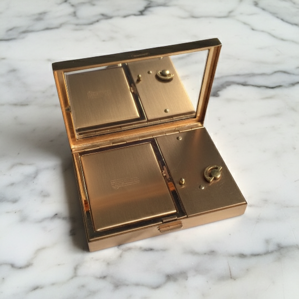 gold compact on a marble surface