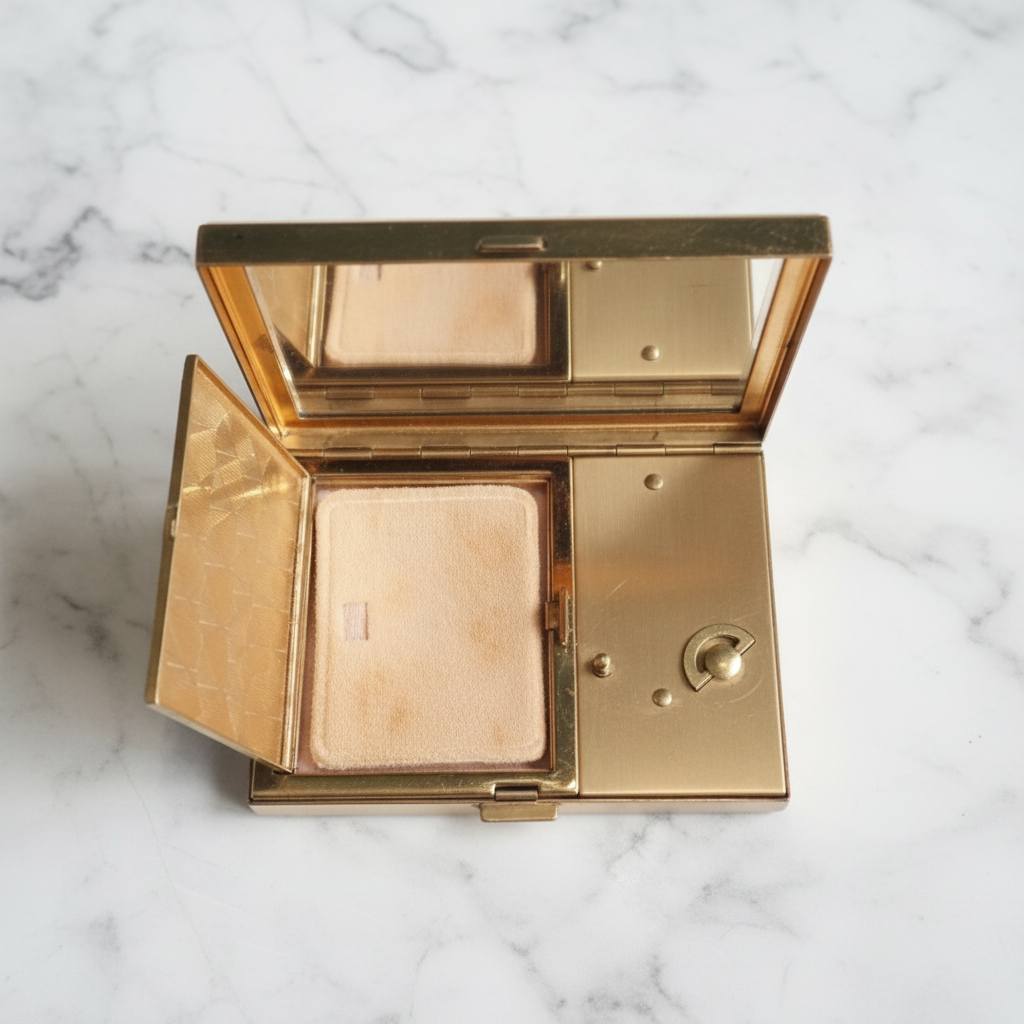 Gold compact powder case on a marble background