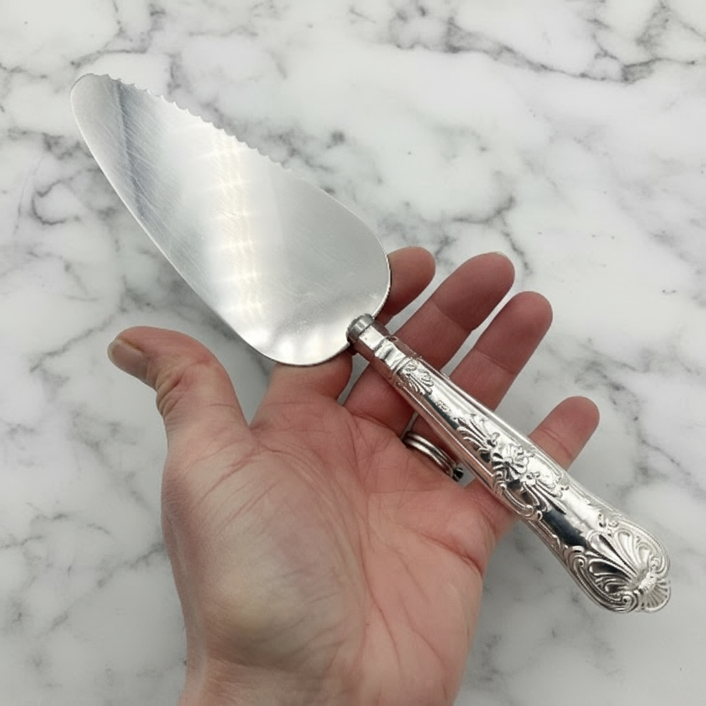 silver cake slice in hand with a marble background