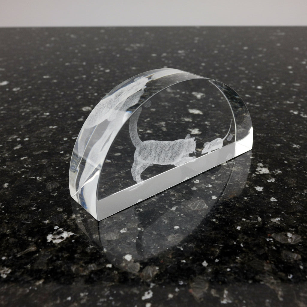 Clear crystal paperweight with a cat and mouse silhouette on a granite background