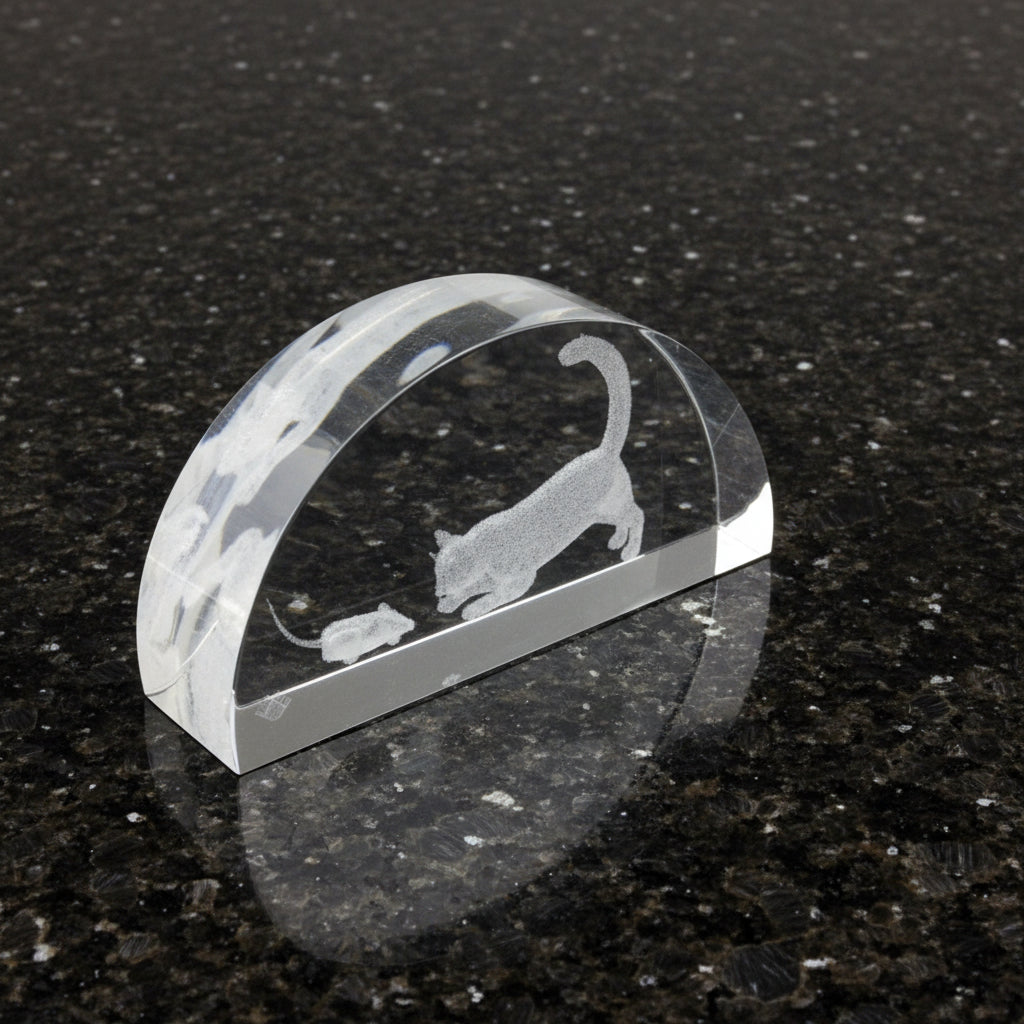 Clear crystal with cat and mouse design on a black surface
