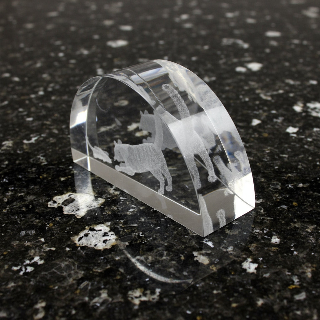 Clear crystal paperweight with cat and mouse design on a gray background