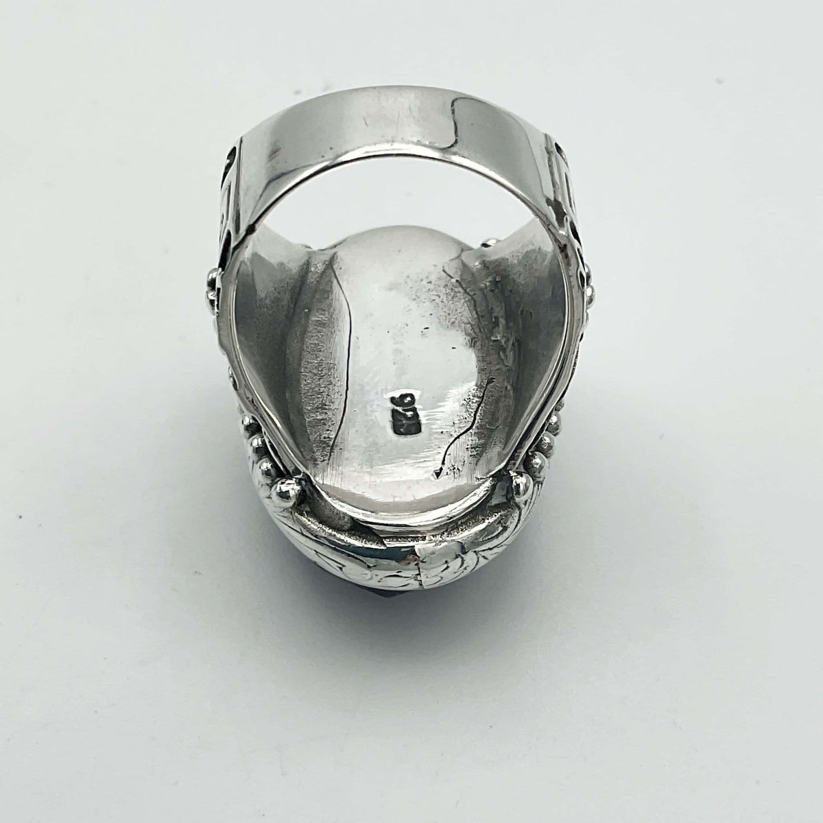 Large purple amethyst sterling silver ring featuring a prominent amethyst gemstone, crafted by Beeches Vintage.