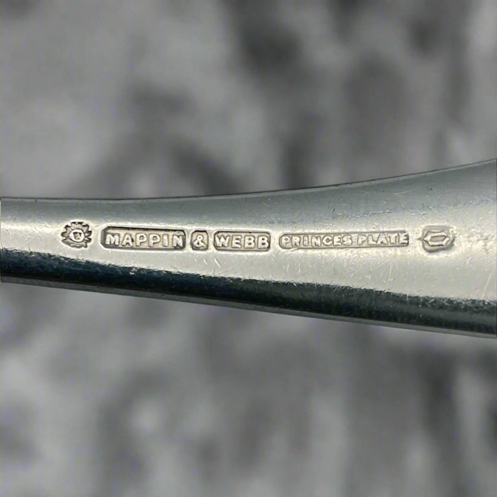 Ladle handle showing Mappin and Webb Princes Plate and the year date letter o 