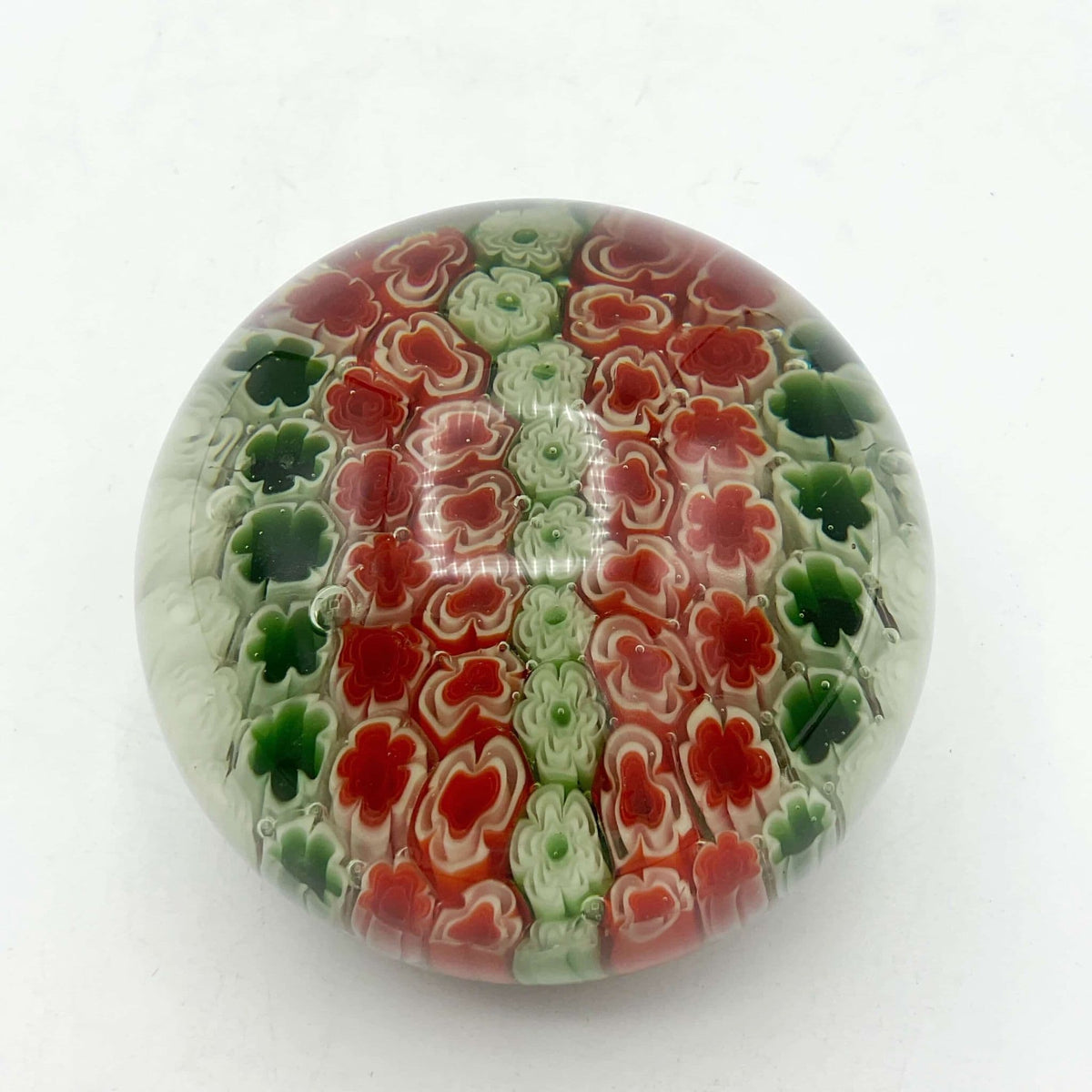 Millefiori Red Green and White Glass Paperweight - Beeches Vintage