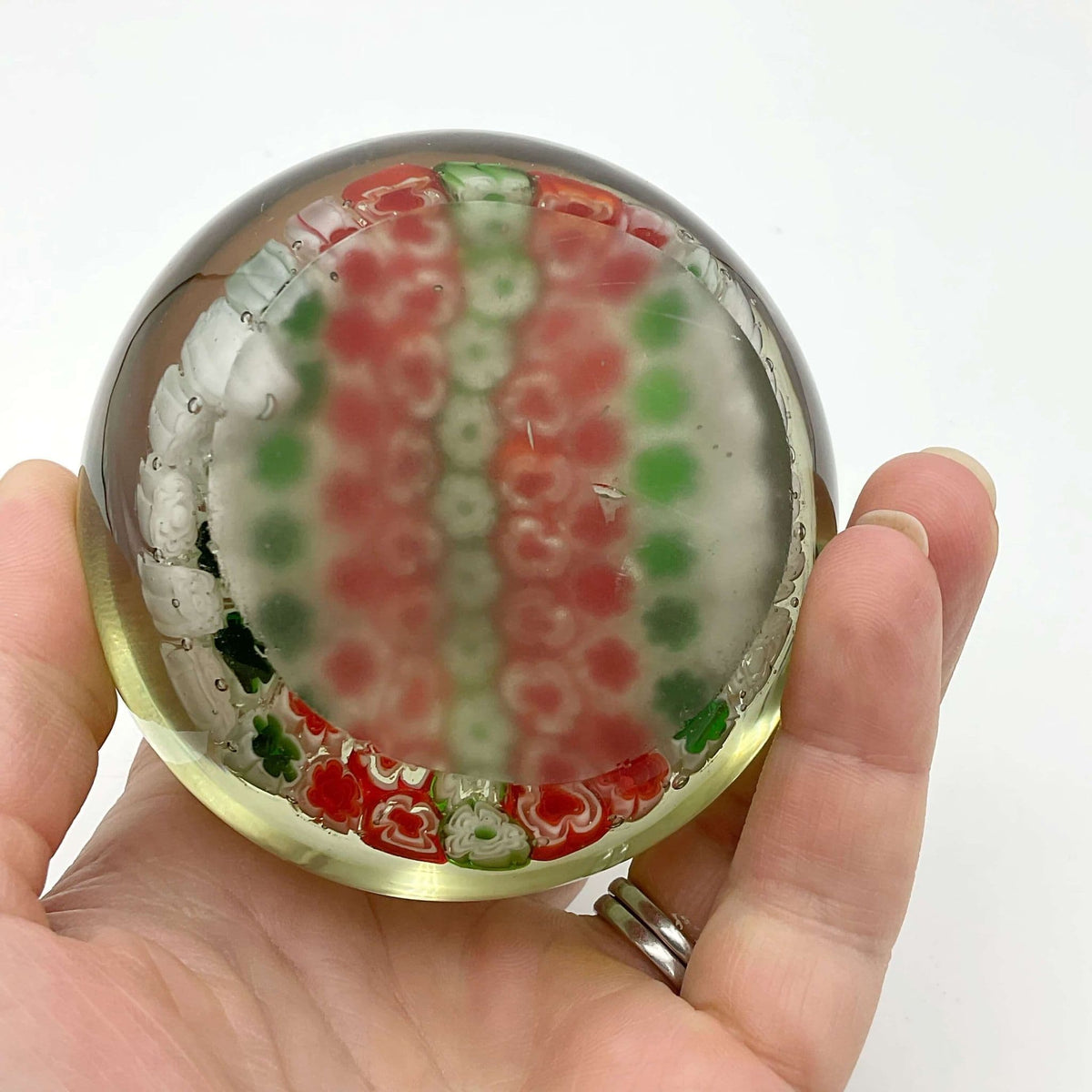 Millefiori Red Green and White Glass Paperweight - Beeches Vintage