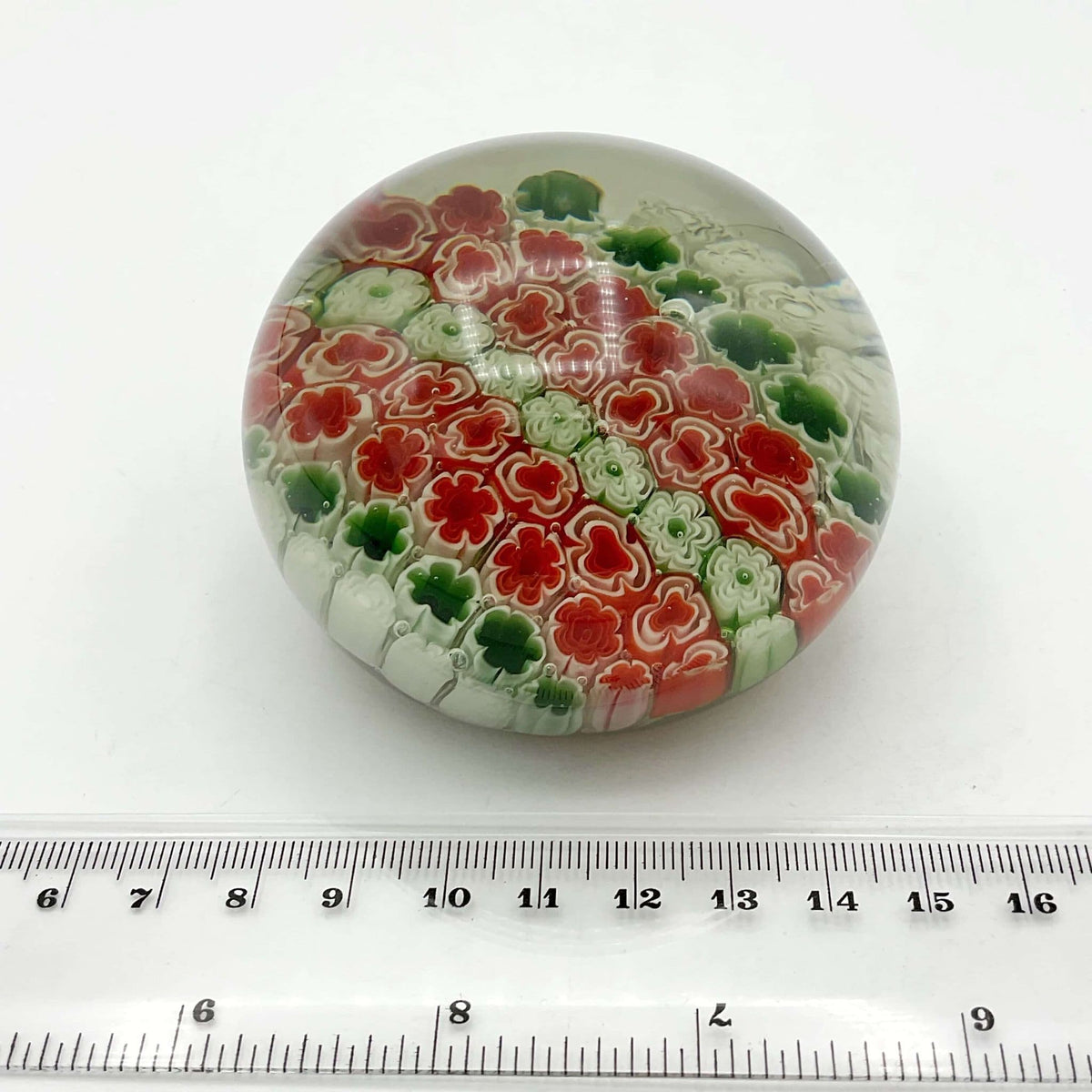 Millefiori Red Green and White Glass Paperweight - Beeches Vintage
