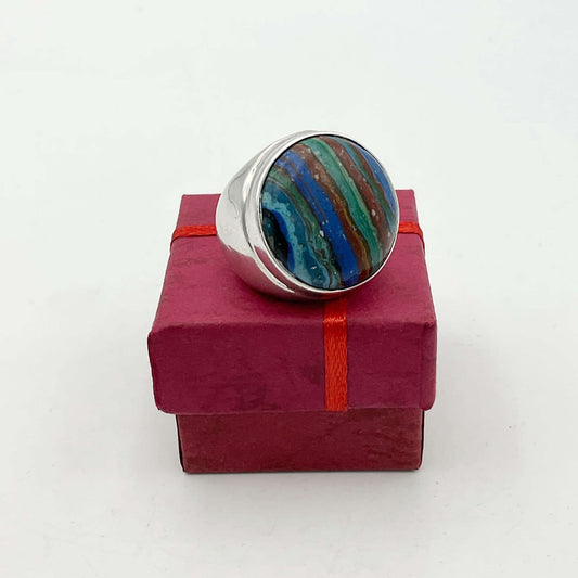 Multicoloured Rainbow Calsilica Silver Ring featuring vibrant rainbow stones set in a silver band by Beeches Vintage.