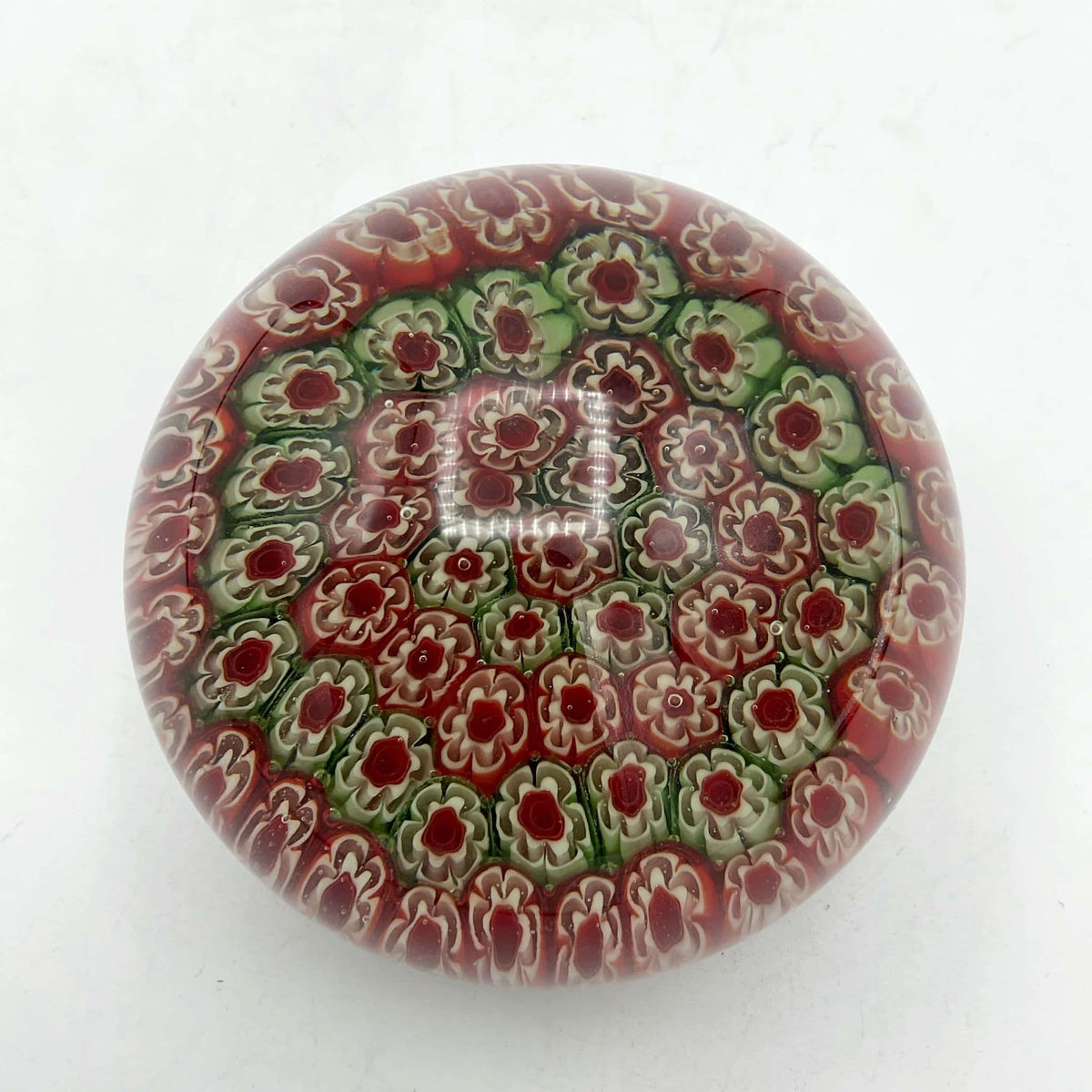 Round Millefiori Red and Green Glass Paperweight - Beeches Vintage