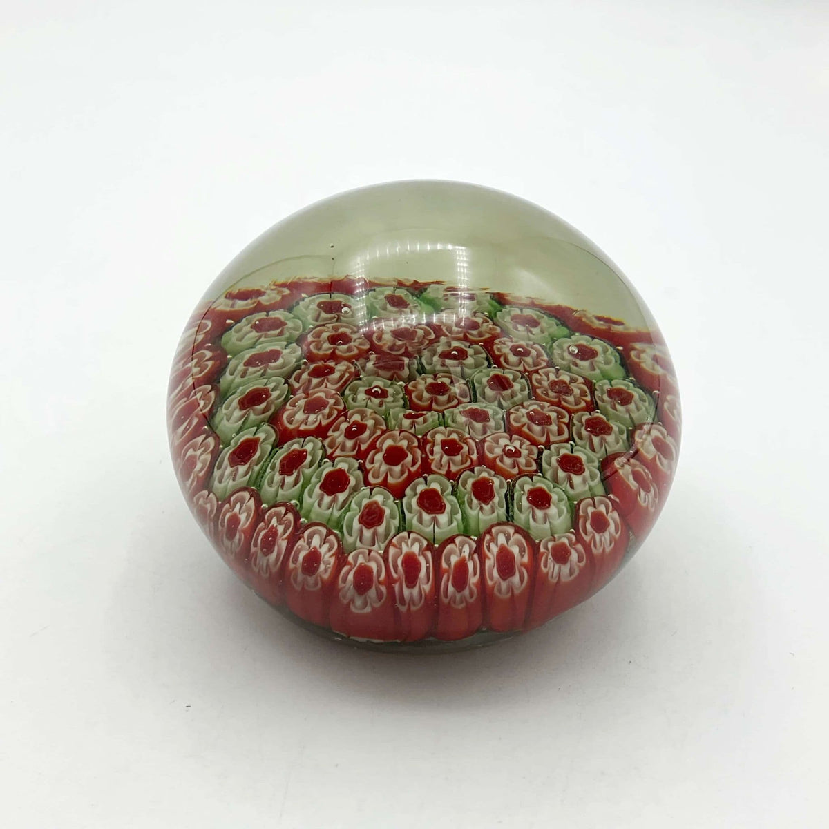 Round Millefiori Red and Green Glass Paperweight - Beeches Vintage