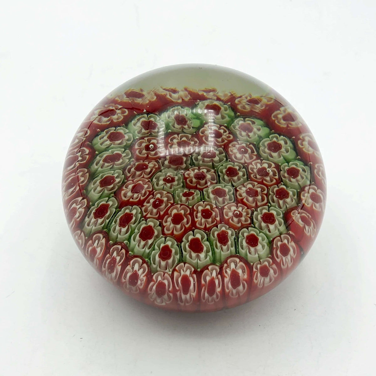 Round Millefiori Red and Green Glass Paperweight - Beeches Vintage