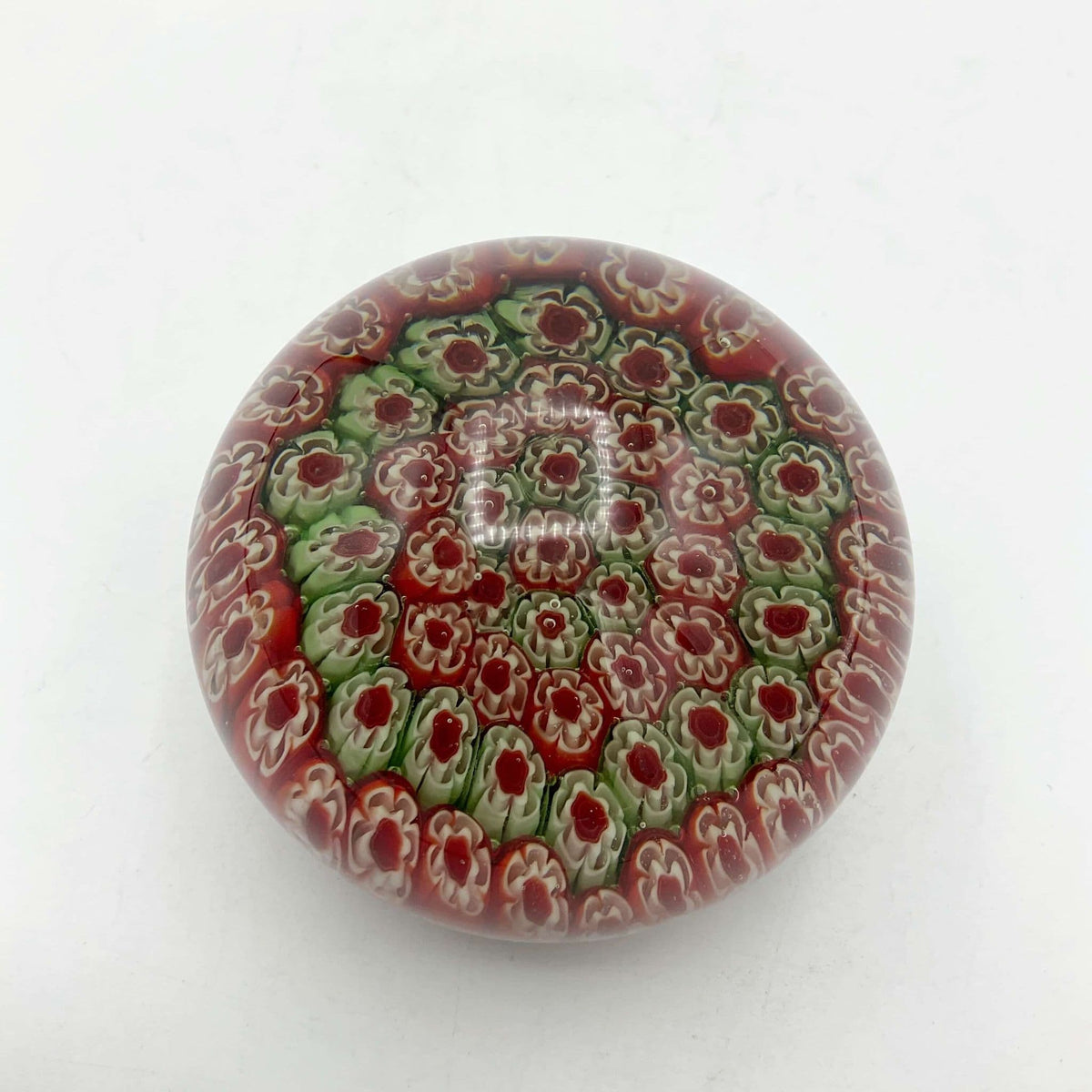 Round Millefiori Red and Green Glass Paperweight - Beeches Vintage