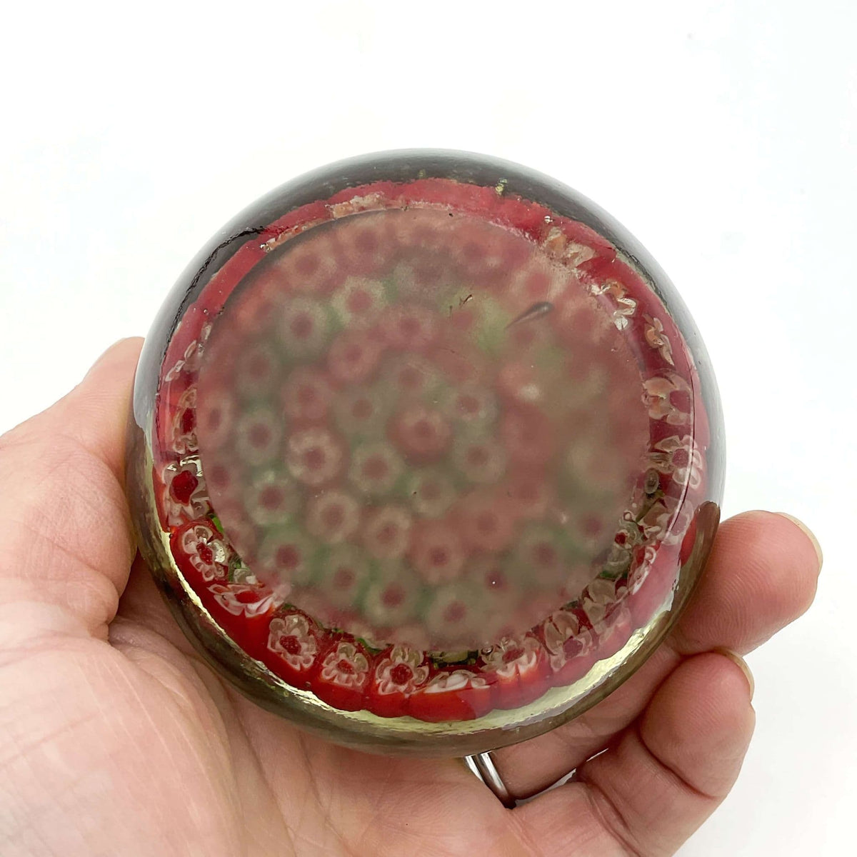Round Millefiori Red and Green Glass Paperweight - Beeches Vintage