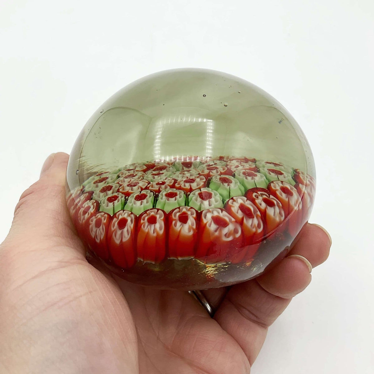 Round Millefiori Red and Green Glass Paperweight - Beeches Vintage