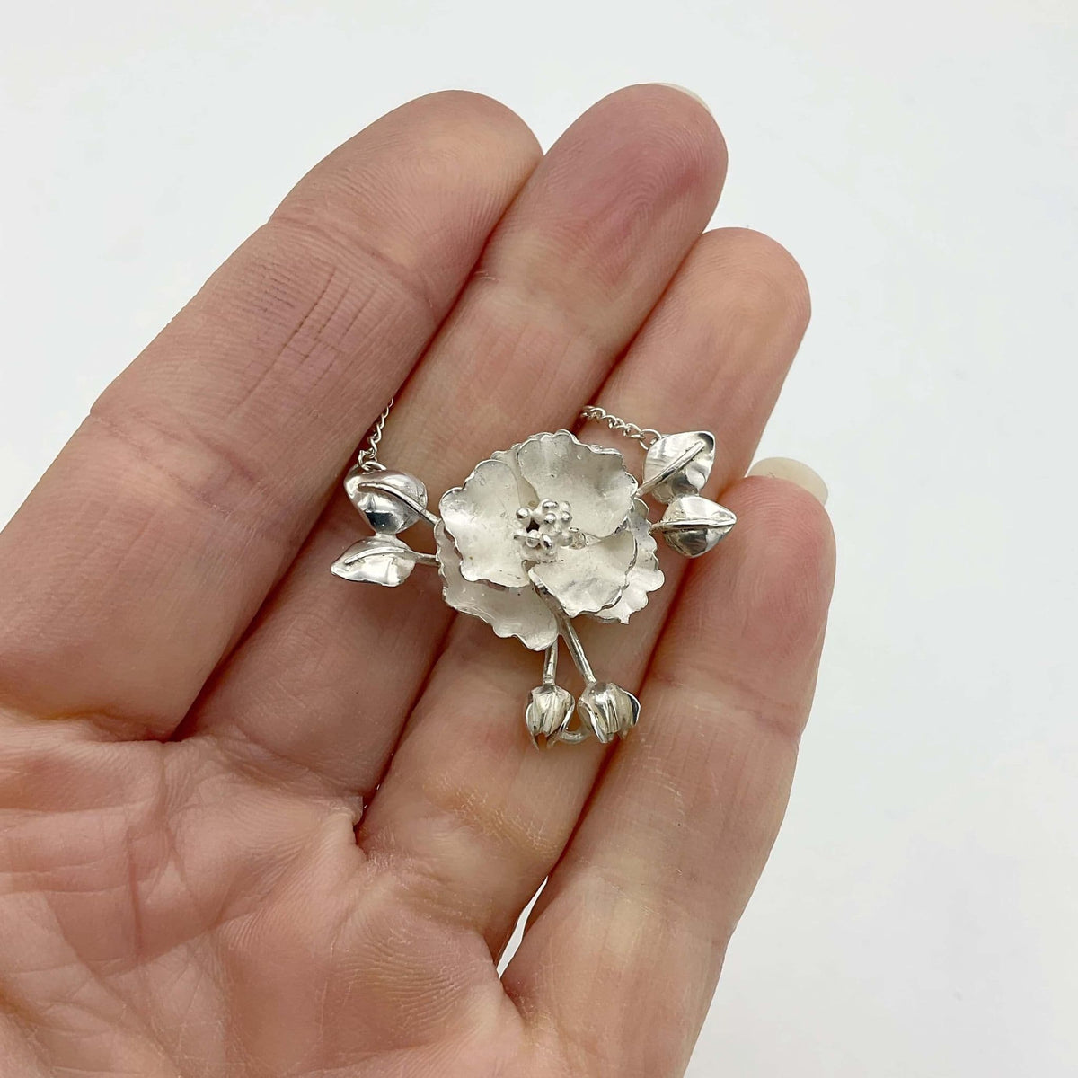 Sterling Silver Flower Pendant Necklace, Hallmarked 1981 - Beeches Vintage