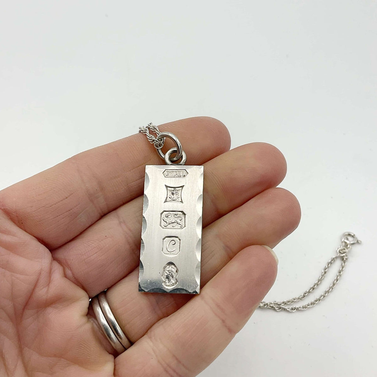 Sterling Silver Ingot Pendant Necklace, Hallmarked 1977 - Beeches Vintage
