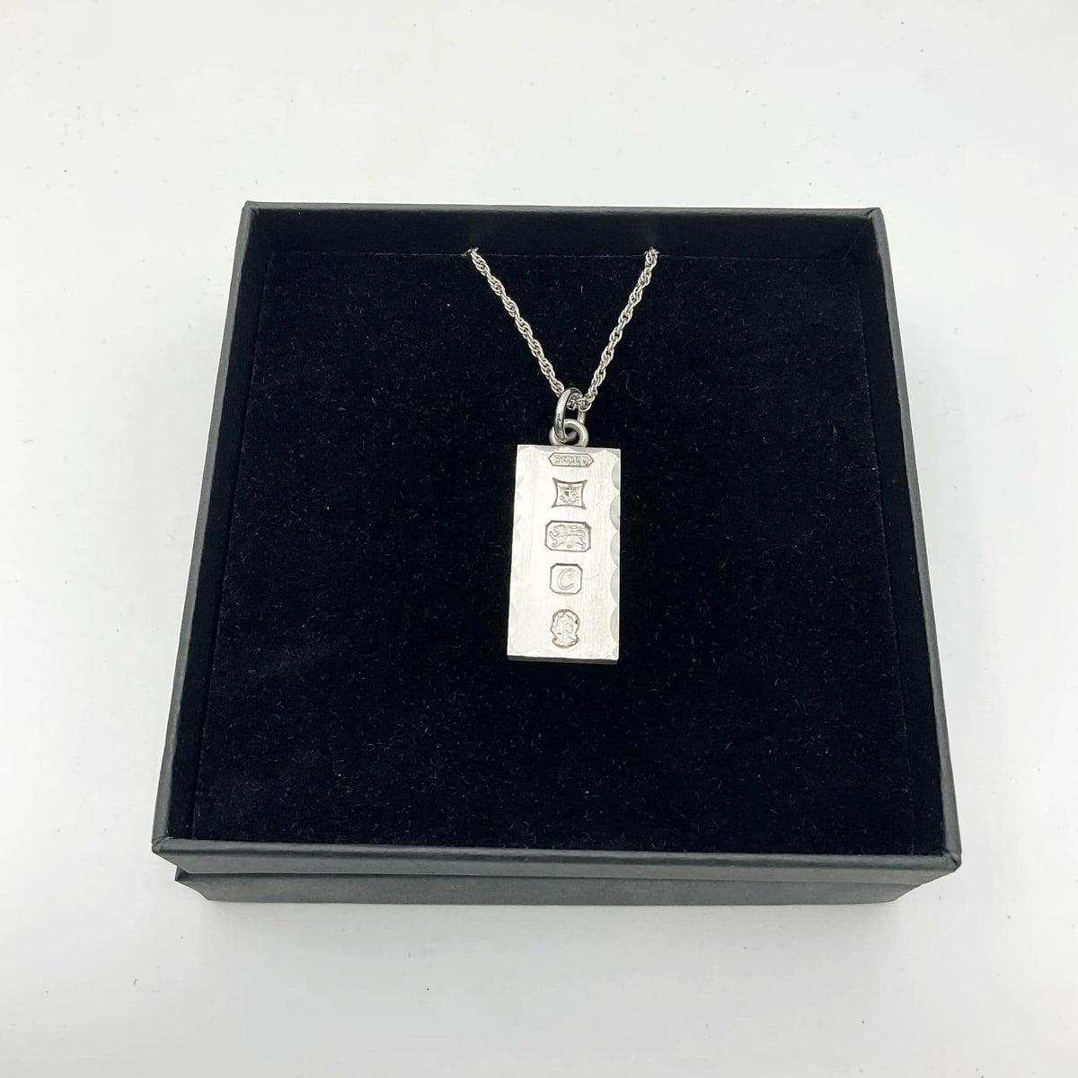 Sterling Silver Ingot Pendant Necklace, Hallmarked 1977 - Beeches Vintage