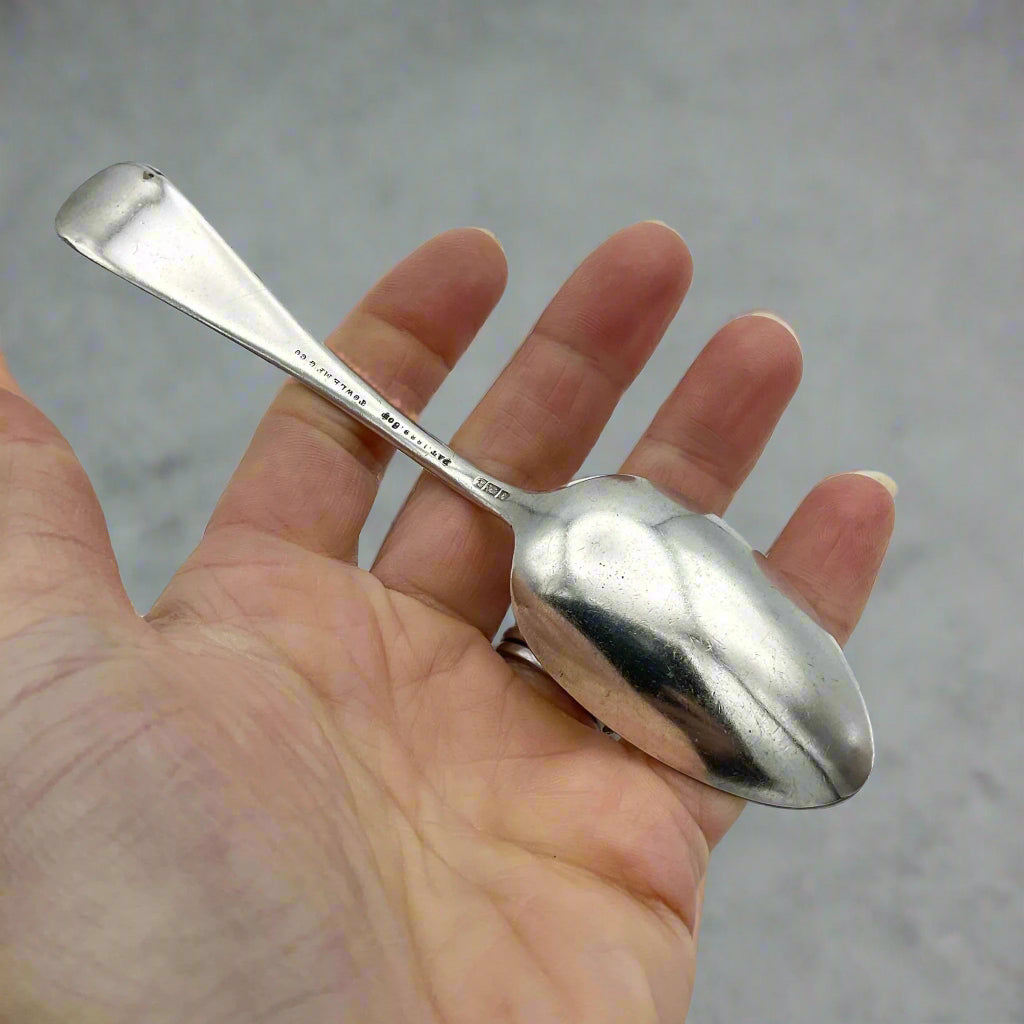 back of the spoon held in a hand with a granite surface