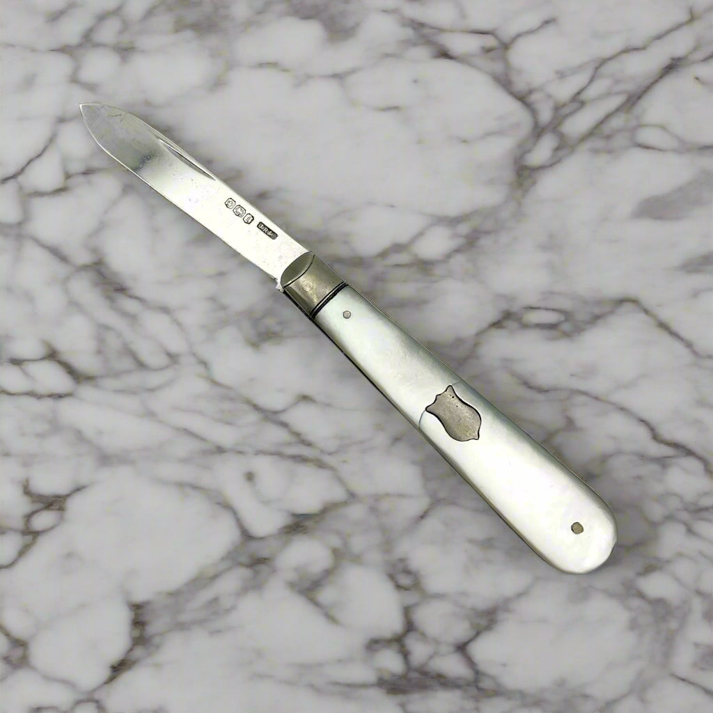 Antique Sterling Silver Fruit Knife with Mother of Pearl handle, 1926 Beeches Vintage hallmark, vintage cutlery with detailed craftsmanship.