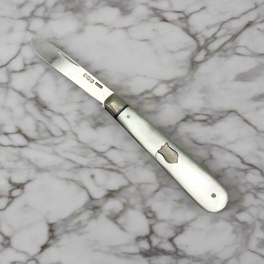 Antique Sterling Silver Fruit Knife with Mother of Pearl handle, 1926 Beeches Vintage hallmark, vintage cutlery with detailed craftsmanship.